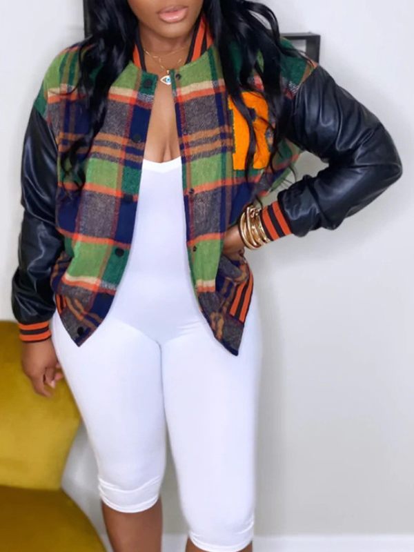 Faux-Leather Combo Plaid Bomber Jacket--Clearance