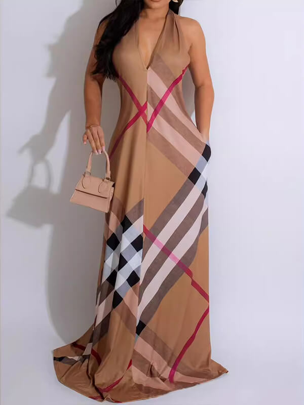 Plaid Halter Maxi Dress