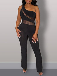 Sheer-Combo One-Shoulder Jumpsuit