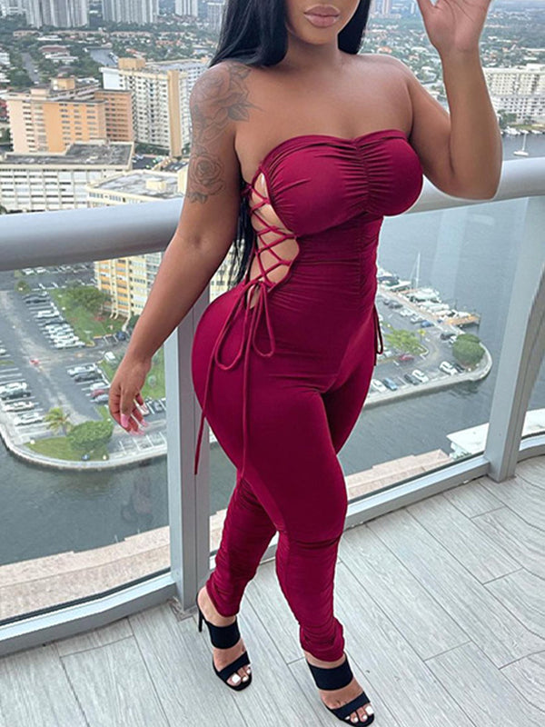 Lace-Up Strapless Jumpsuit