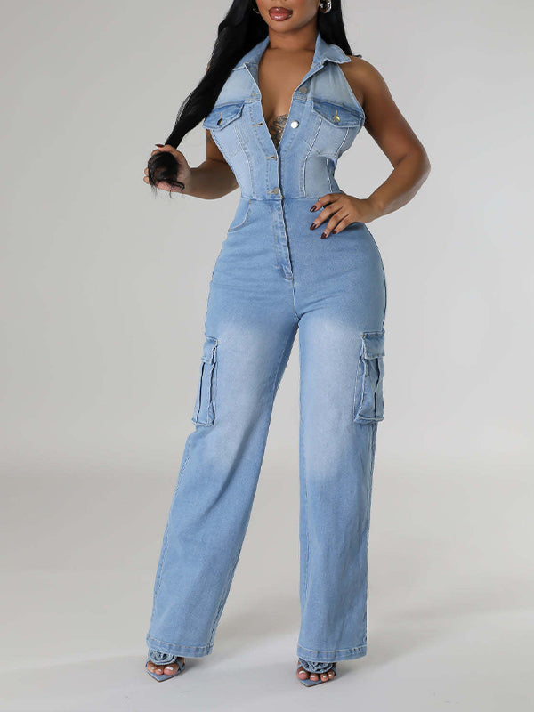 Halter Button-Front Denim Jumpsuit