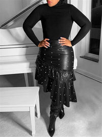 Pearl-Studded Faux-Leather Ruffle Skirt