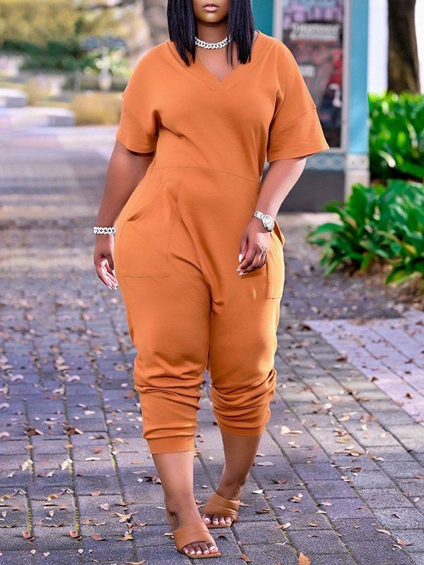 Plus Size Solid V-Neck Jumpsuit