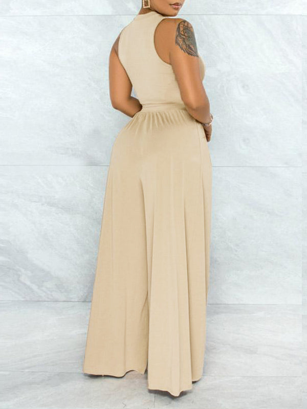 Solid Cutout Top & Wide-Leg Pants Set