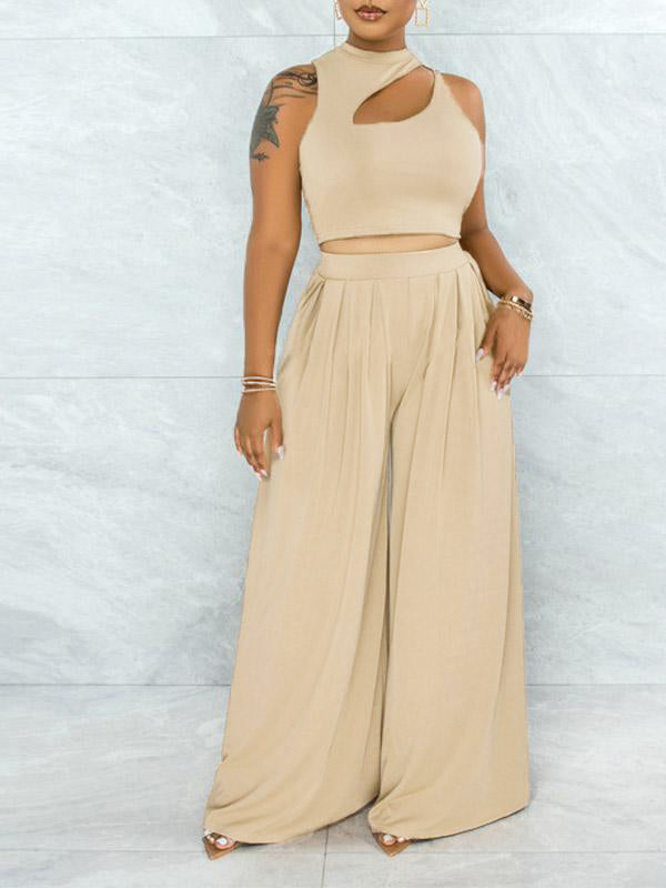 Solid Cutout Top & Wide-Leg Pants Set