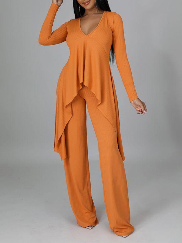 Ribbed Asymmetric Top & Pants Set--Clearance