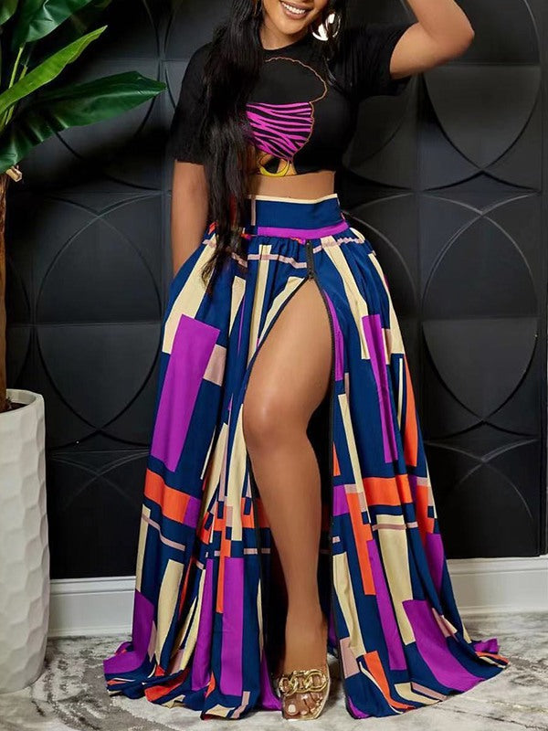 Graphic Crop Top & Colorblock Slit Skirt Set