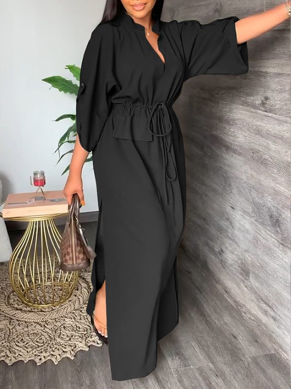 V-Neck Drawstring Slit Dress--Clearance