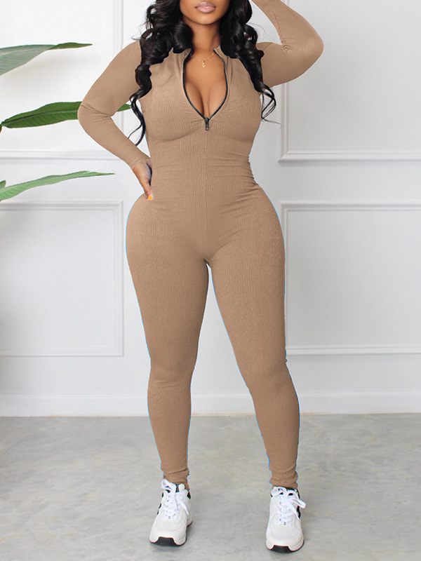 Zip-Front Ribbed Jumpsuit