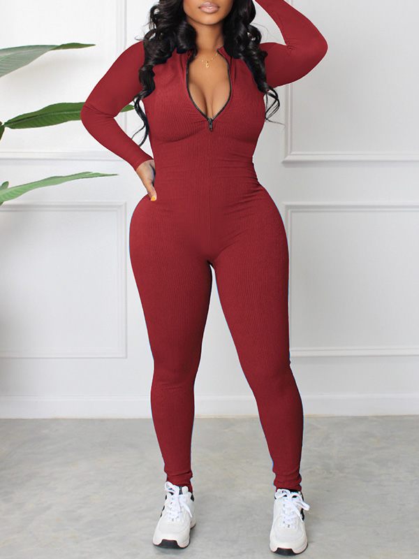 Zip-Front Ribbed Jumpsuit