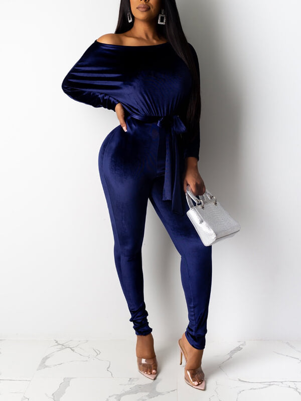 Velvet Boat-Neck Tied Jumpsuit