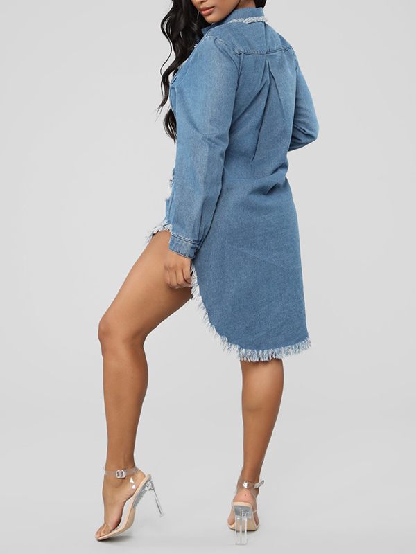 Raw-Hem Ripped Denim Shirt Dress