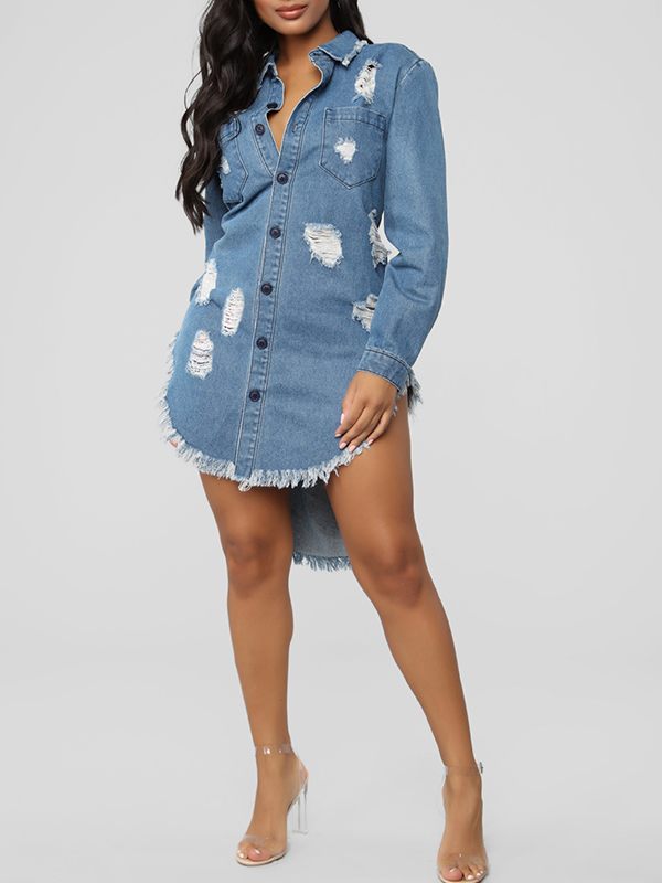 Raw-Hem Ripped Denim Shirt Dress