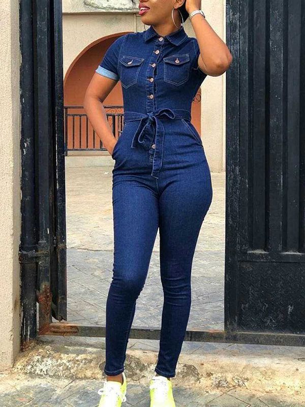 Button-Front Tied Denim Jumpsuit