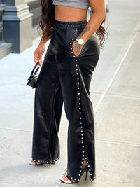 Studded Slit Faux-Leather Pants