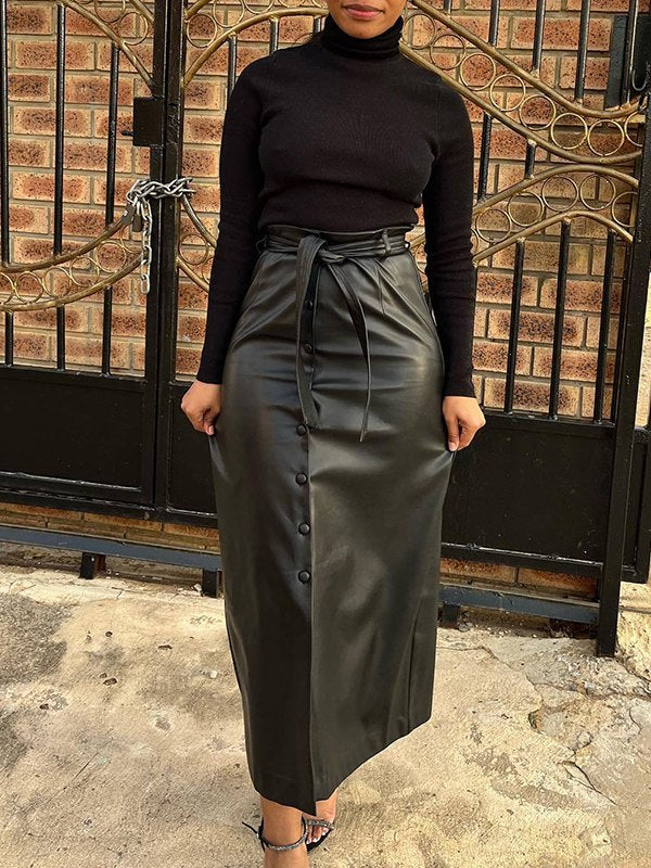 Faux-Leather Belted Skirt