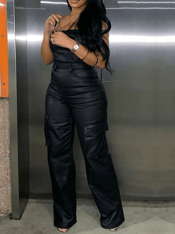 Faux Leather Strapless Jumpsuit