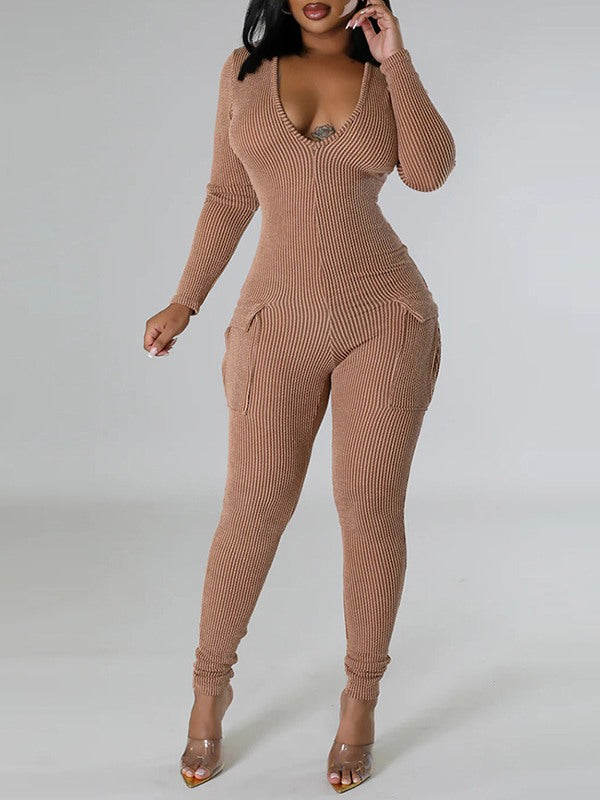 Ribbed V-Neck Cargo Jumpsuit