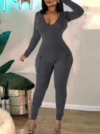 Ribbed V-Neck Cargo Jumpsuit