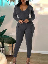 Ribbed V-Neck Cargo Jumpsuit