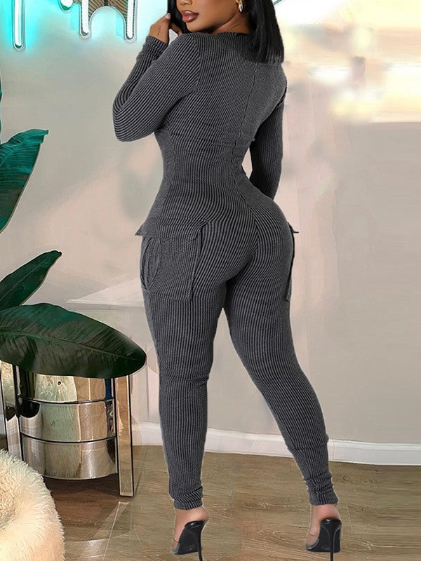 Ribbed V-Neck Cargo Jumpsuit