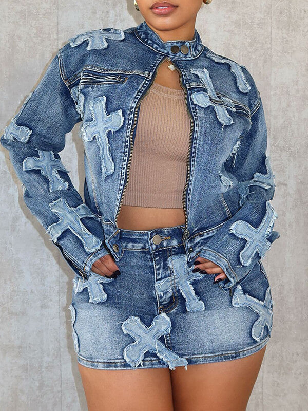 Cross Denim Jacket & Skirt Set