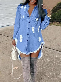 Destroyed Button-Down Denim Shirt Dress