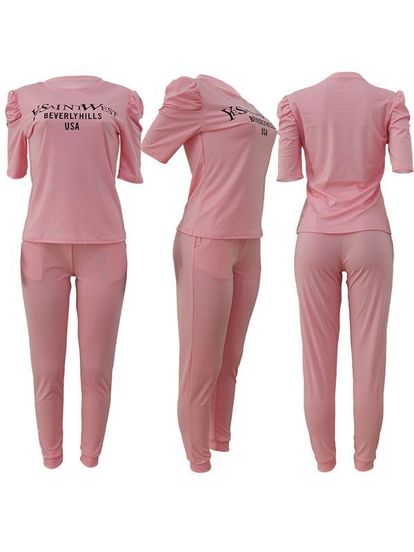 Slogan Puff-Sleeve Top & Pants Set