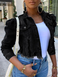 Distressed Puff-Sleeve Denim Jacket